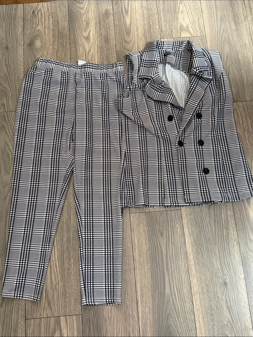 SHEIN Black & White Plaid Straight Leg Pants with Double-Breasted Jacket